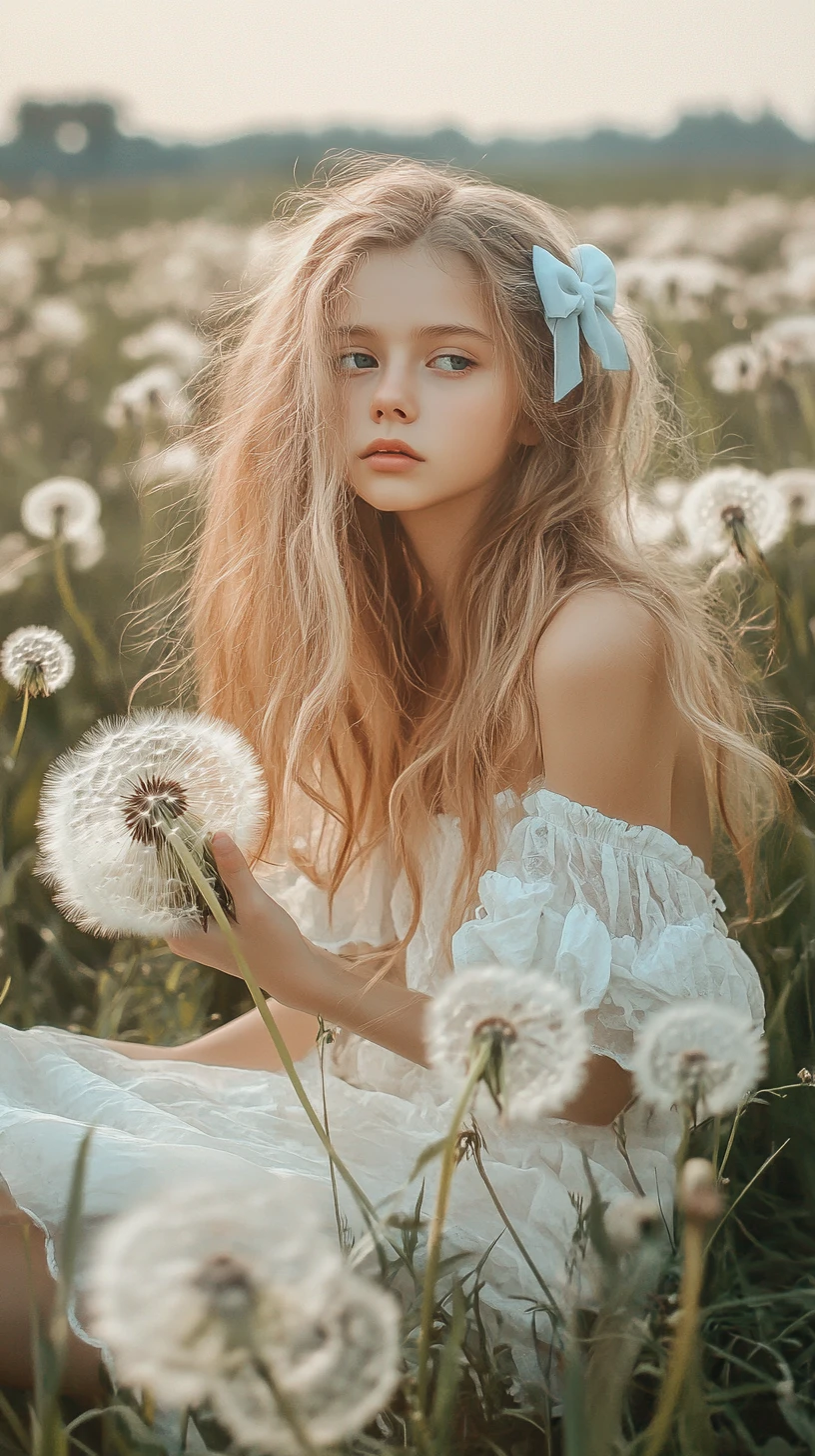Young girl in white dress sitting in sunny meadow