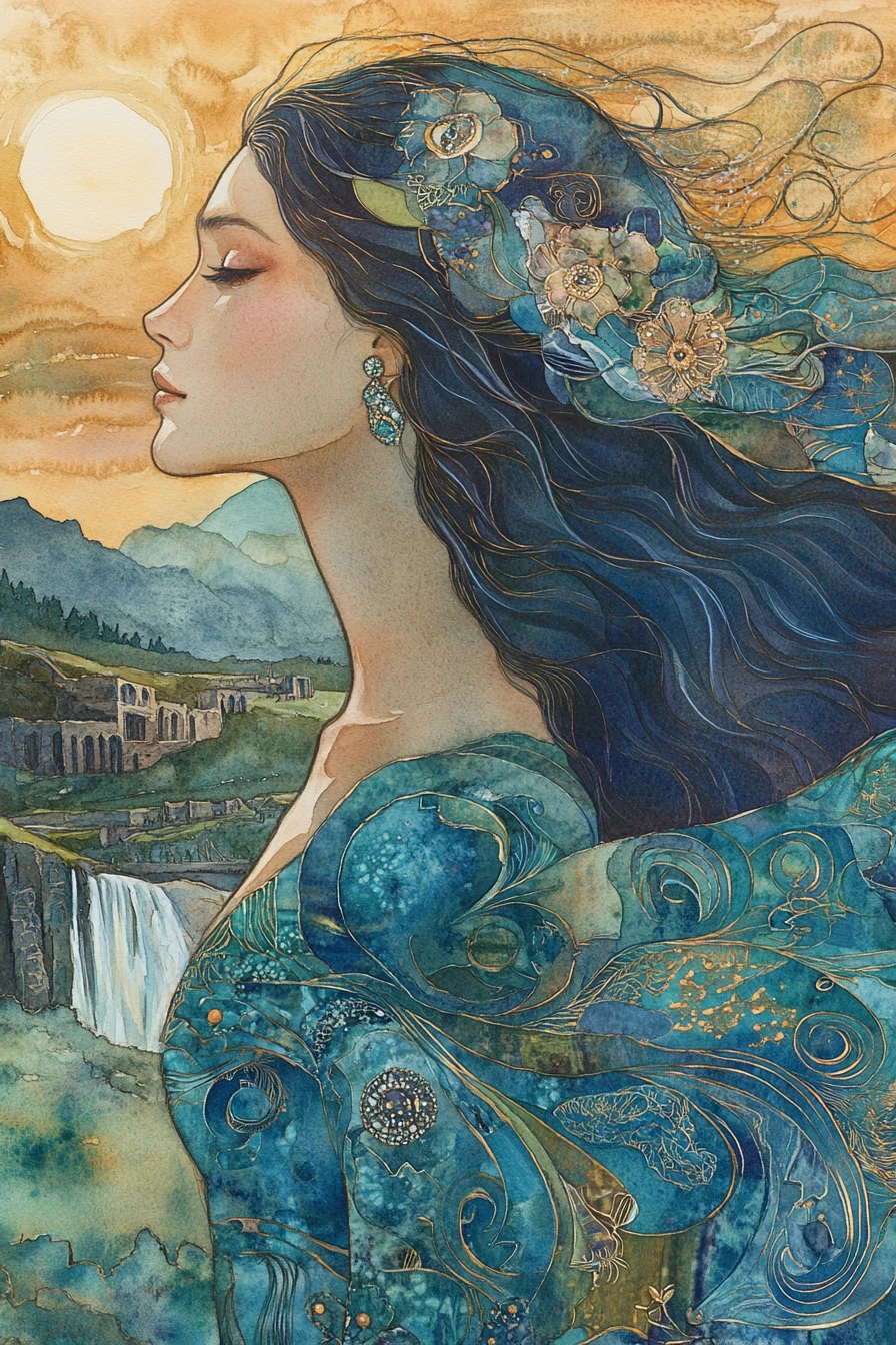 Watercolor profile of a woman in a turquoise dress