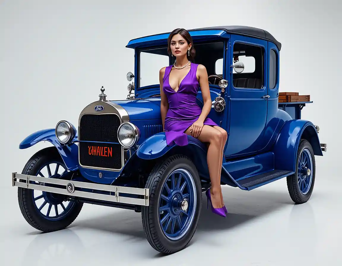 Elegant woman on blue vintage car in white studio