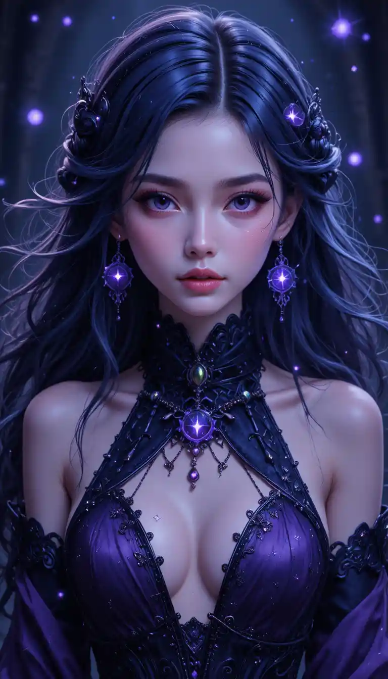 Young anime witch girl with glowing violet magic runes