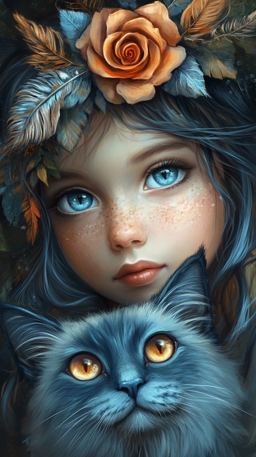 Whimsical girl and cat in a dreamlike forest portrait