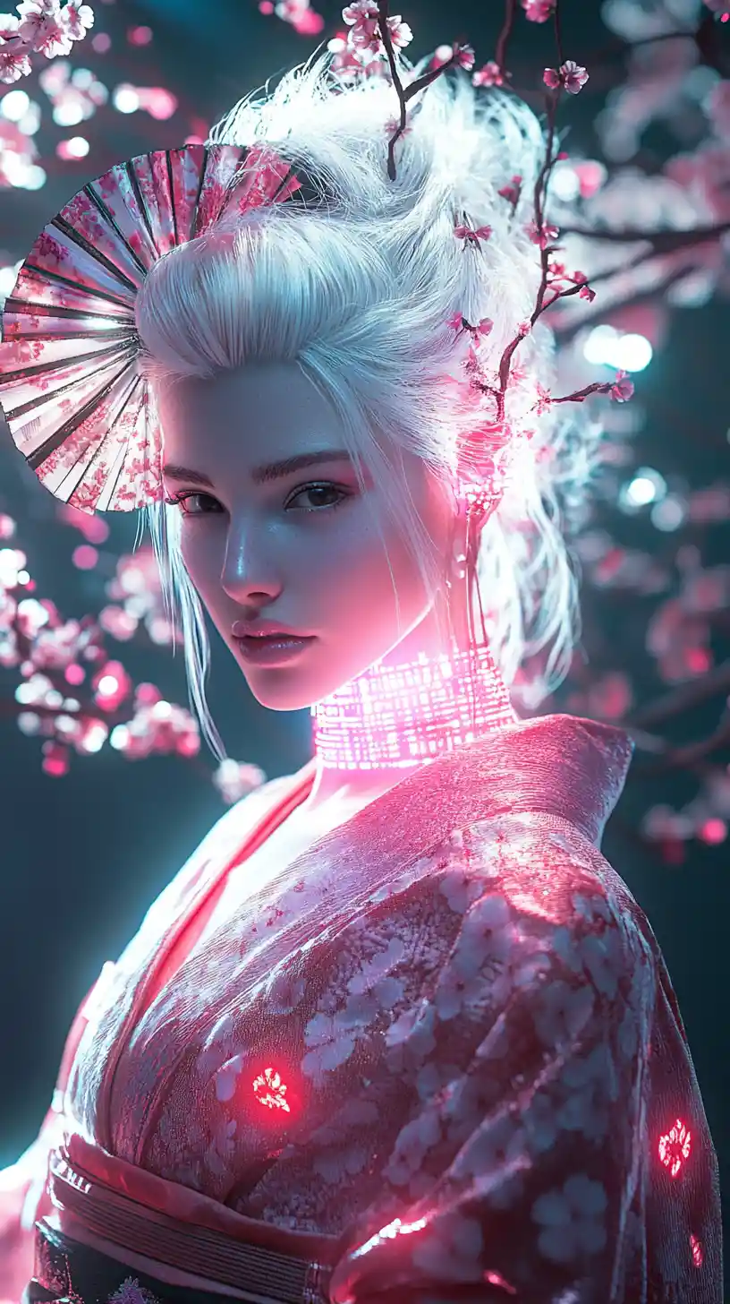 White haired woman in glowing pink cyberpunk kimono
