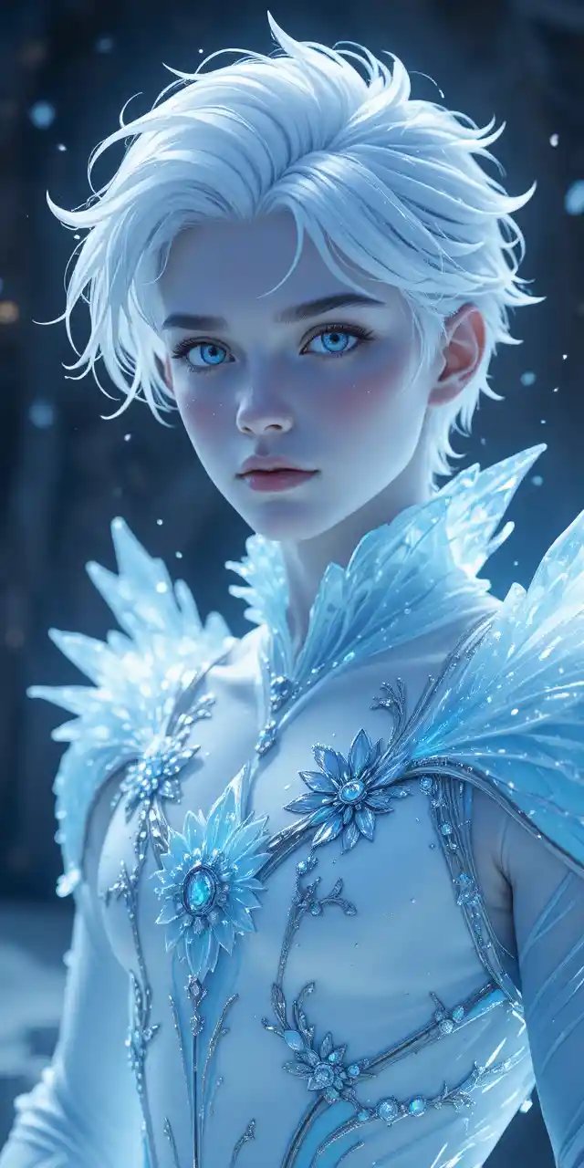 Ice phoenix anime man with glowing crystal wings