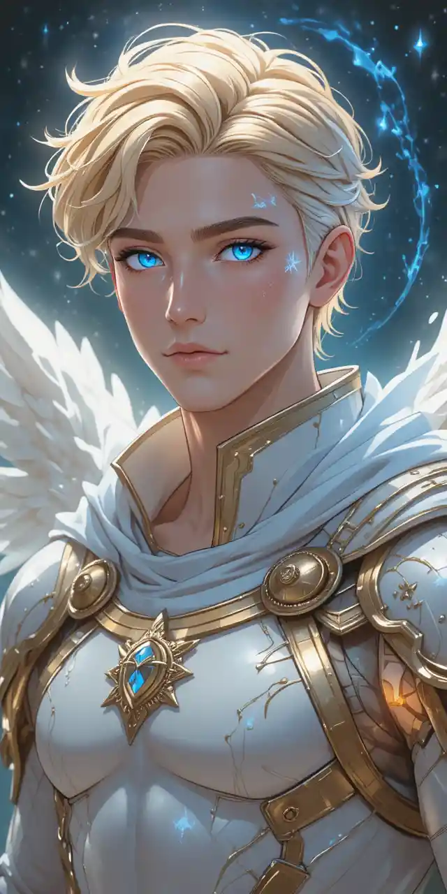 Angel winged warrior in white and gold celestial armor