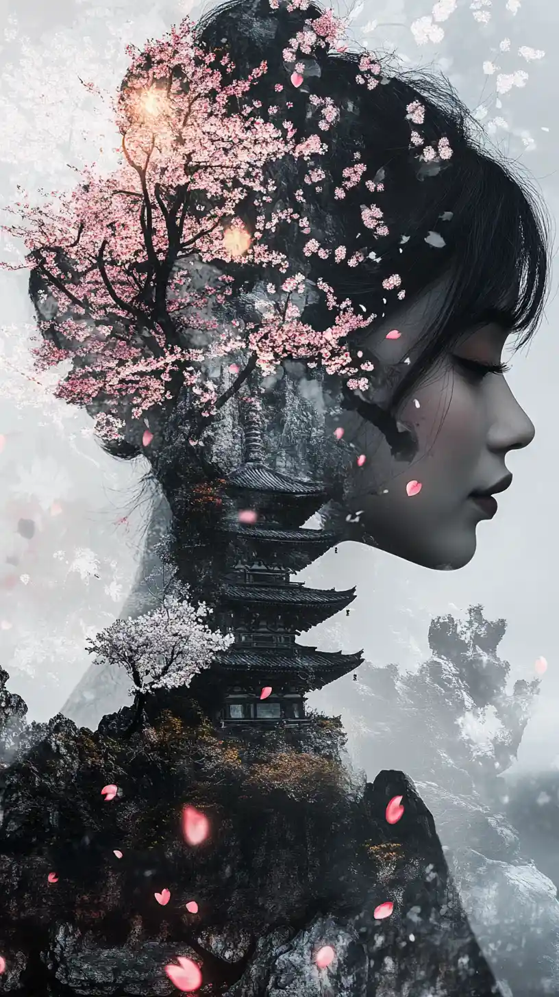 Surreal double exposure profile of a woman with blossoms