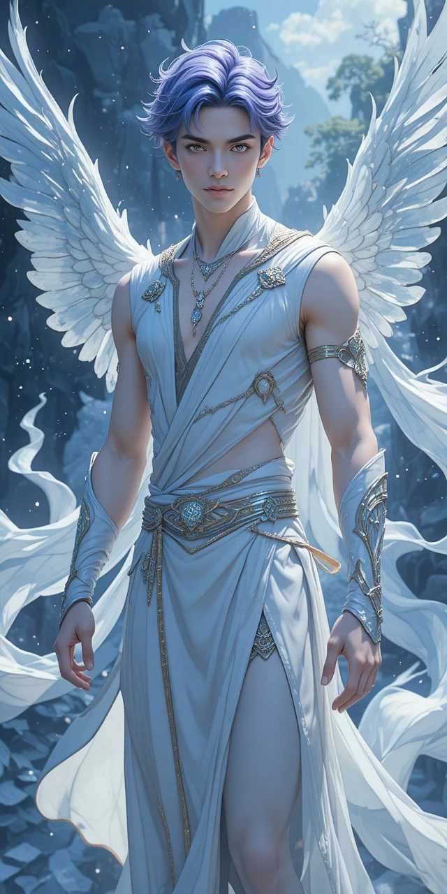 Airy anime man with flowing white and blue garments