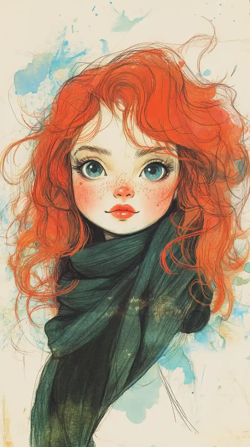 Red haired girl portrait with blue eyes and green scarf