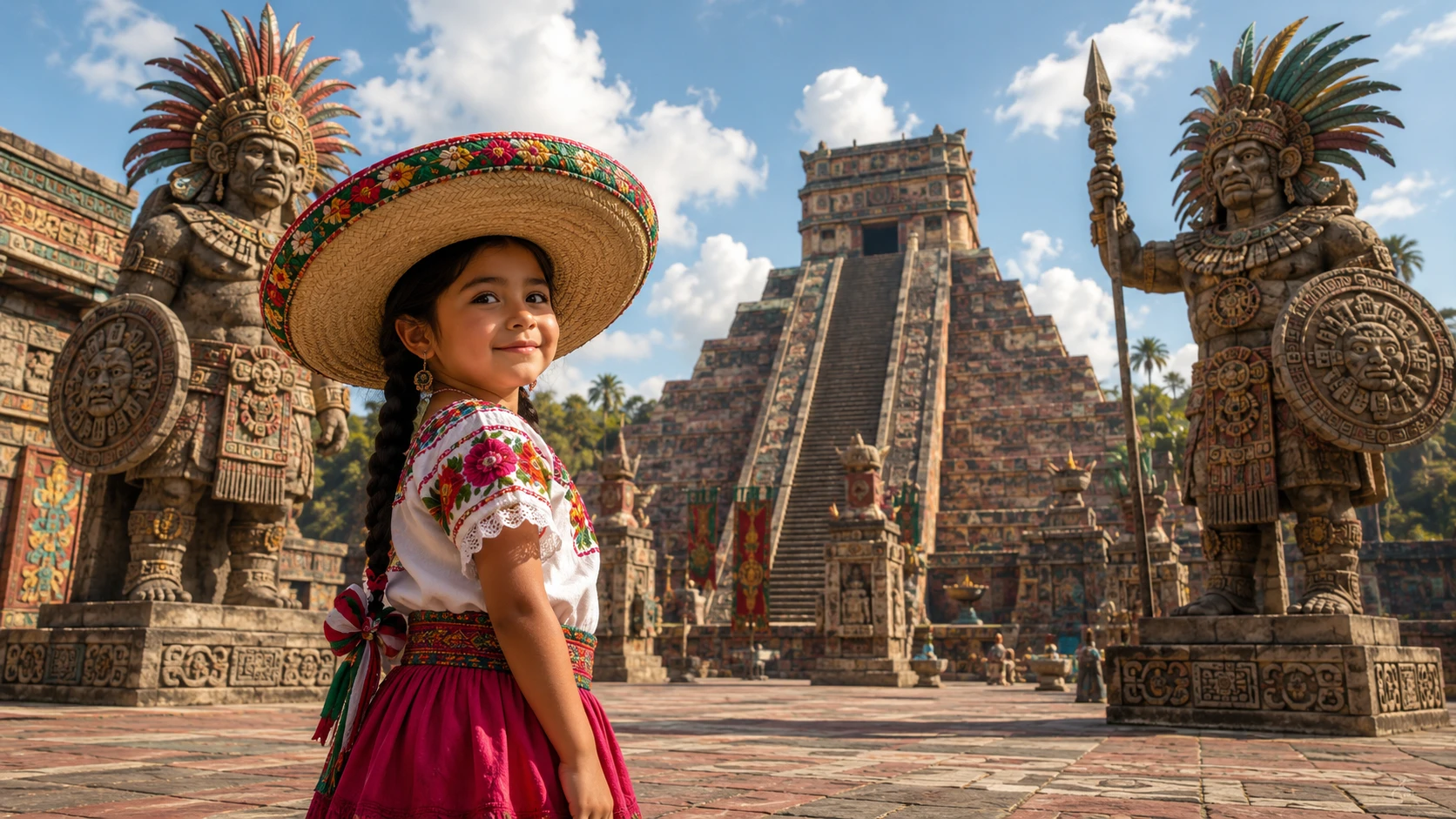 Little girl in sombrero among ancient Aztec monuments