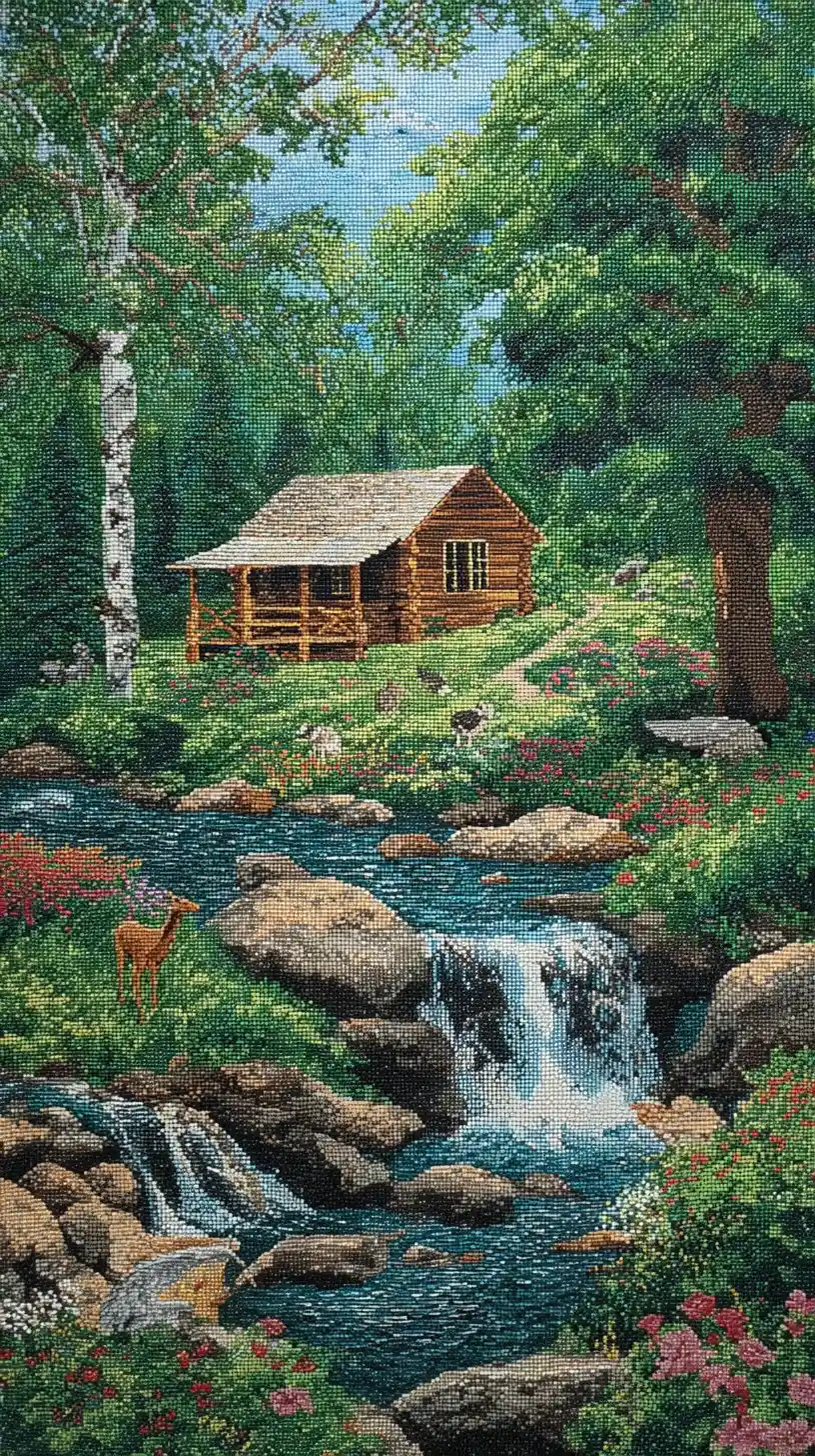 Summer river cabin with waterfall and playful forest animals