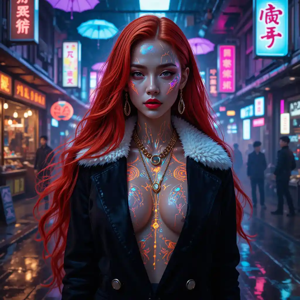 Futuristic femme fatale portrait in neon drenched market