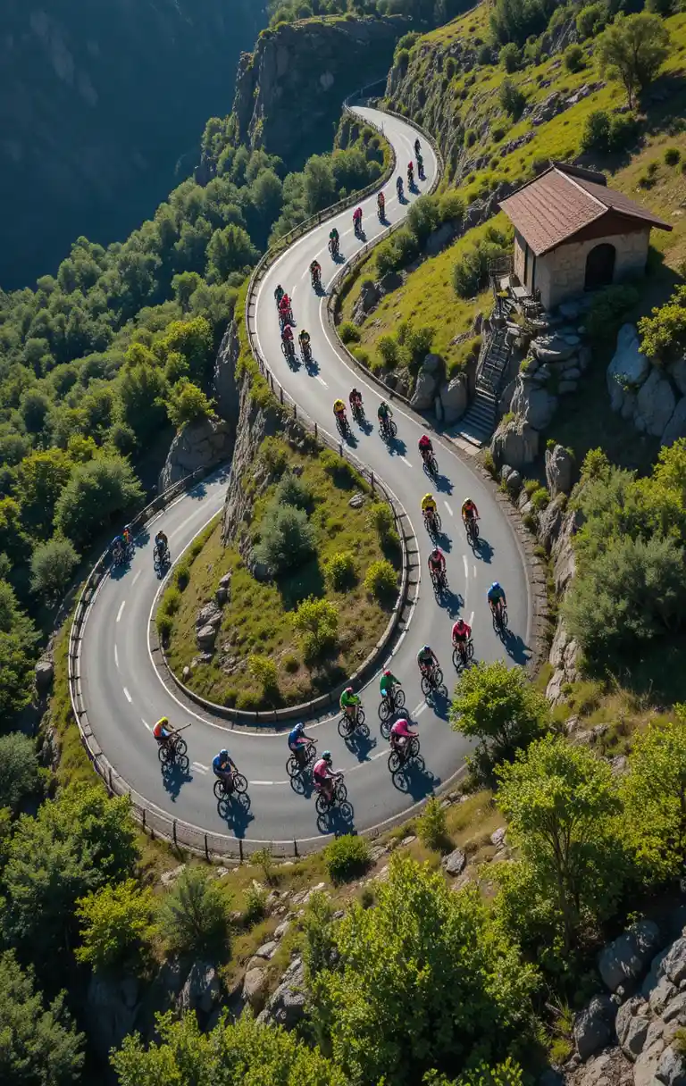 Cyclists racing along winding mountain road from above