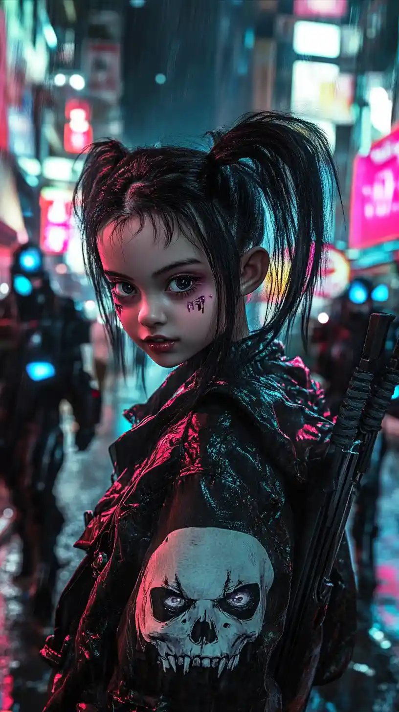 Punk anime girl with katana in neon cyberpunk street