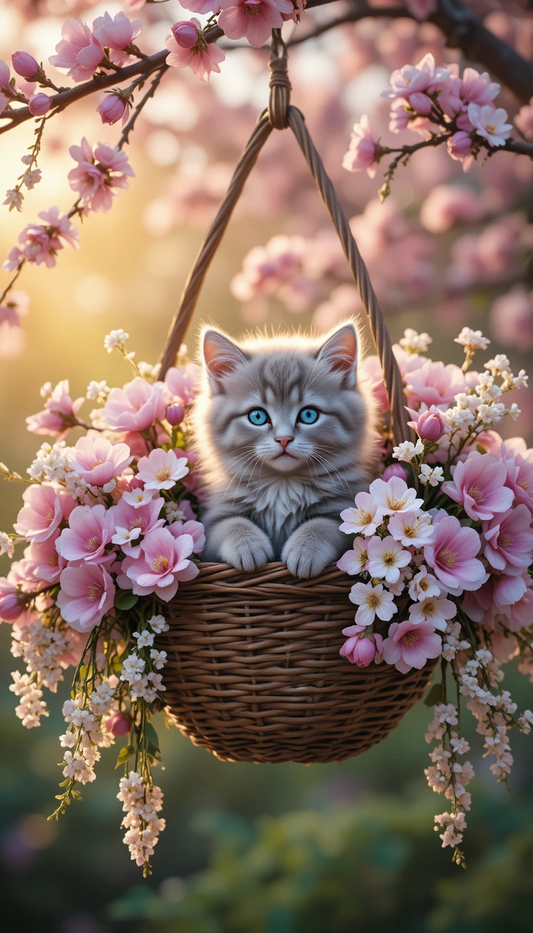 Silver kitten in floral hanging basket in sunny garden