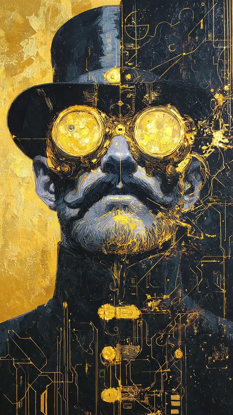 Steampunk Man In Golden Goggles And Black Top Hat Portrait