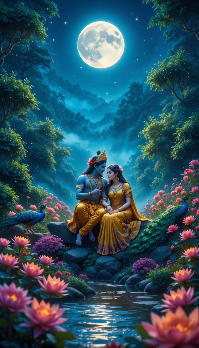 Divine Radha Krishna couple in a moonlit forest garden