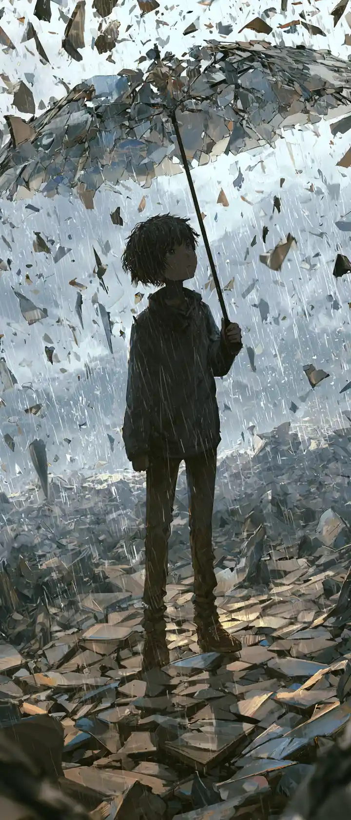 Boy standing under sharp metallic rain in surreal landscape