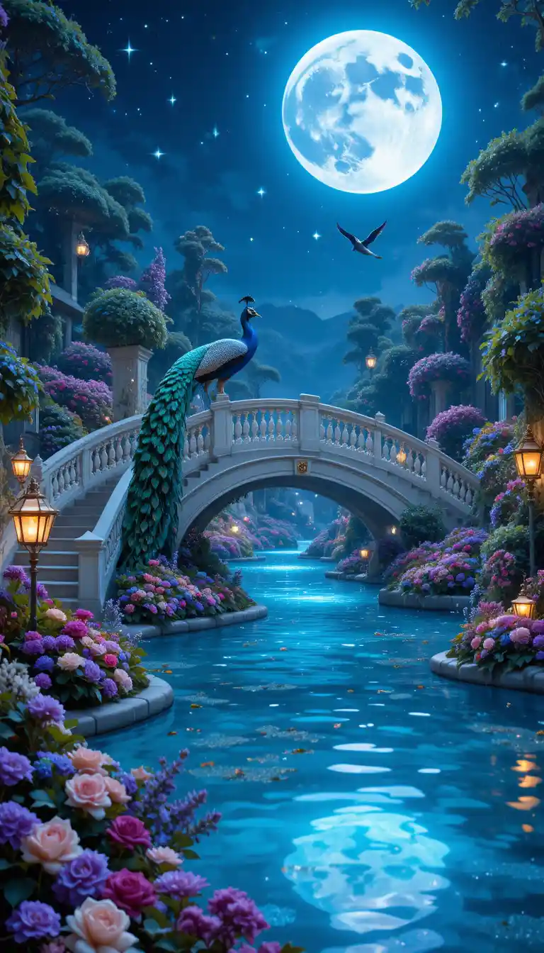Majestic peacock on moonlit bridge in enchanted garden