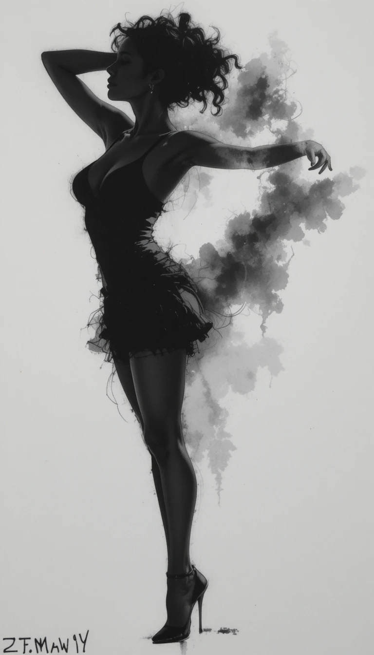 Charcoal drawing of a womans leg in elegant stockings