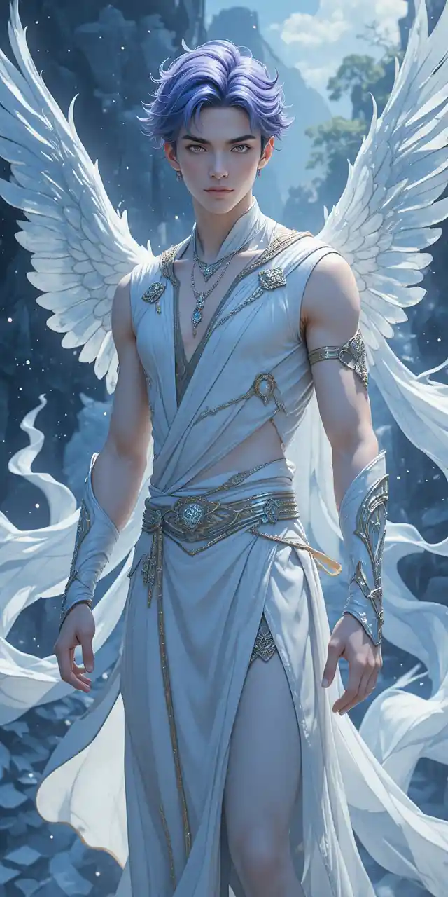 Airy anime man with flowing white and blue garments