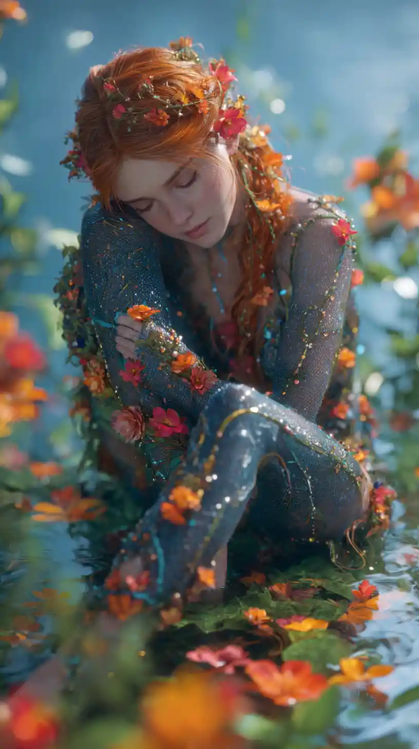 Ethereal woman curled in tranquil water among flowers