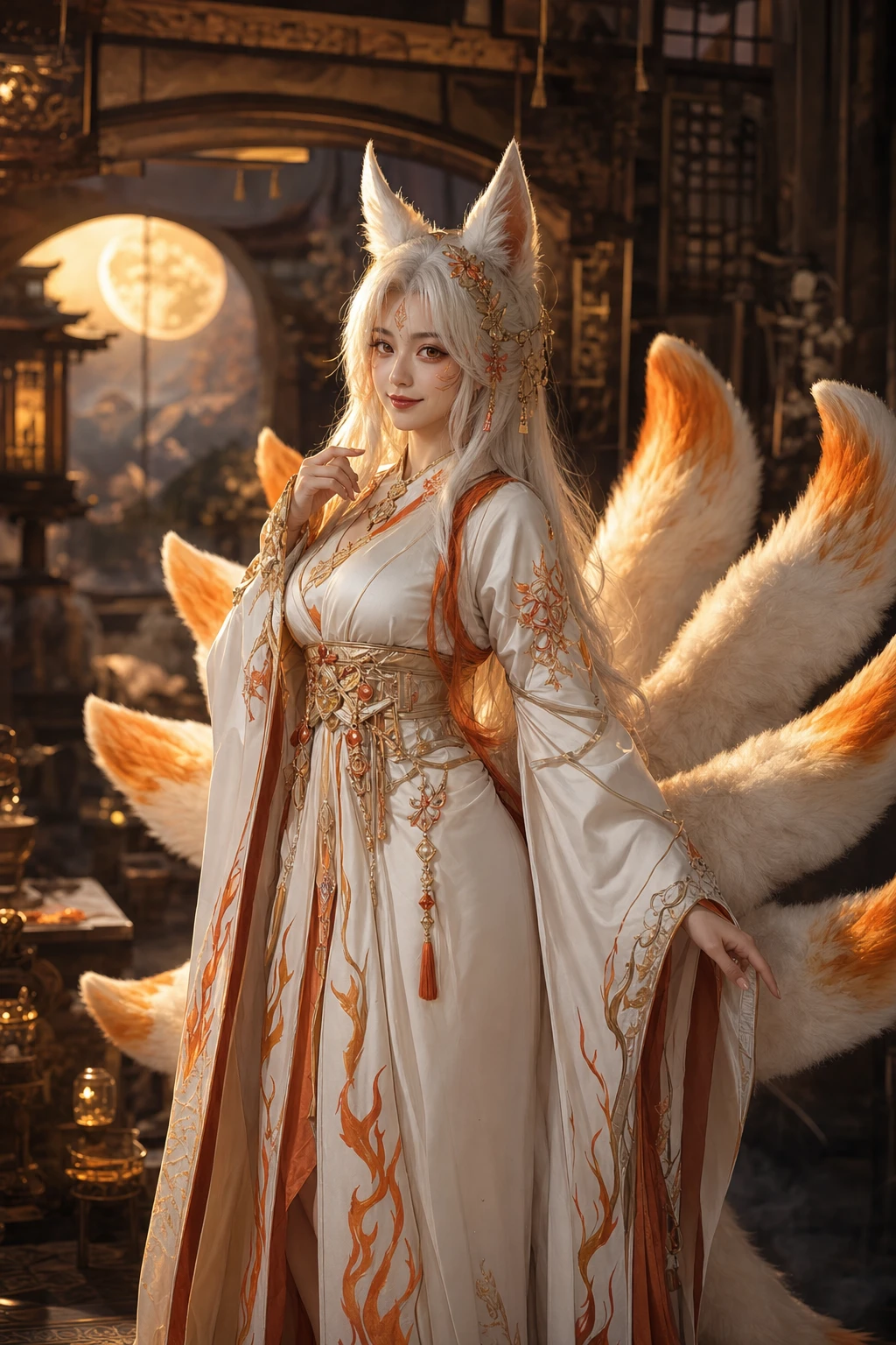 Young woman in kitsune cosplay with nine flowing tails