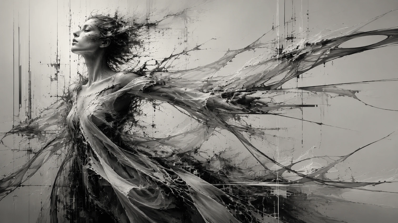 Grayscale Abstract Form Unraveling Into Elongated Flowing Shapes