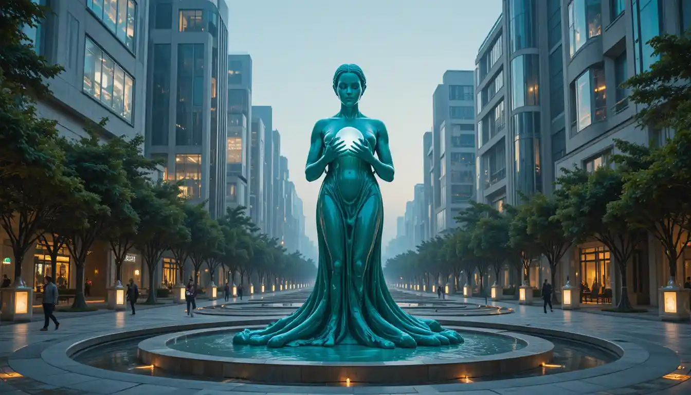 Serene latex statue with glowing crystal in city plaza
