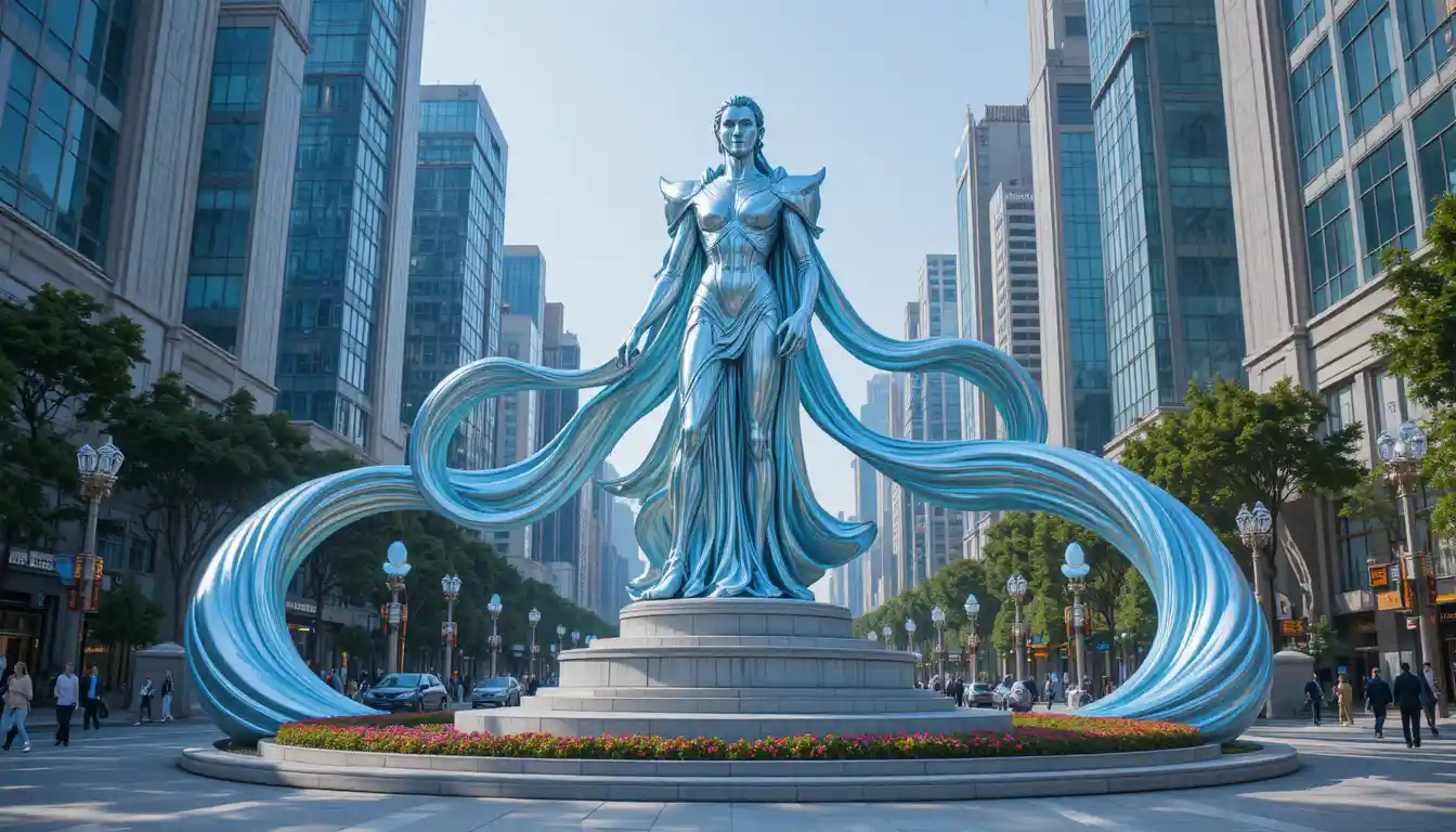 Futuristic Latex Guardian Statue On City Boulevard Pedestal