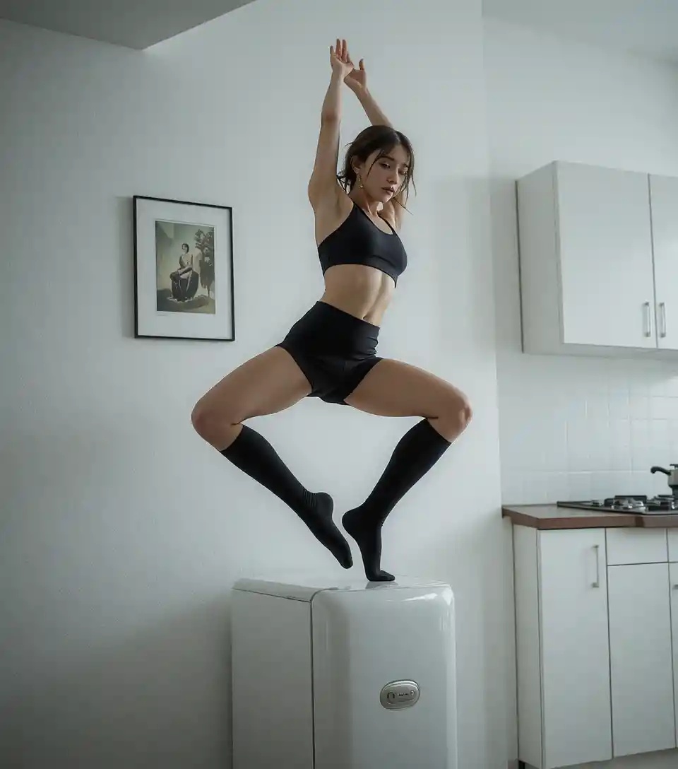 Athletic man doing a handstand on a white refrigerator