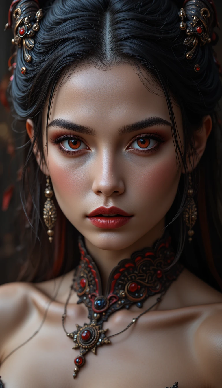 Powerful draconic warrior woman in ornate red armor