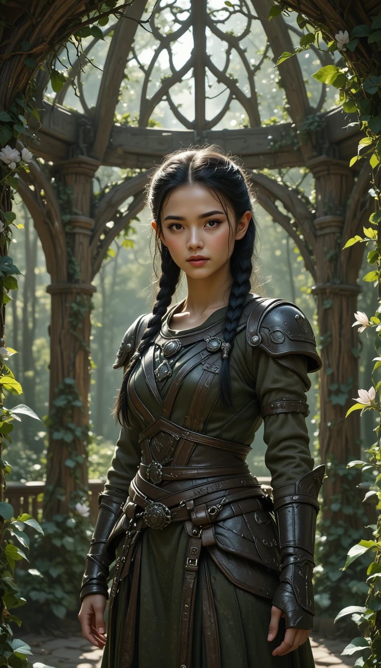Elf warrior girl in a sunlit enchanted forest gazebo