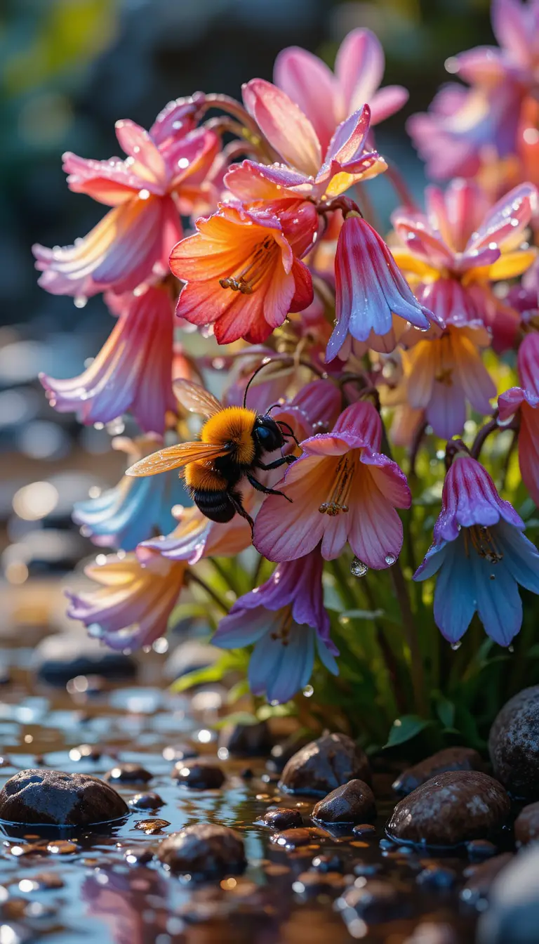 Macro bee on rainbow bluebell flowers by a stream