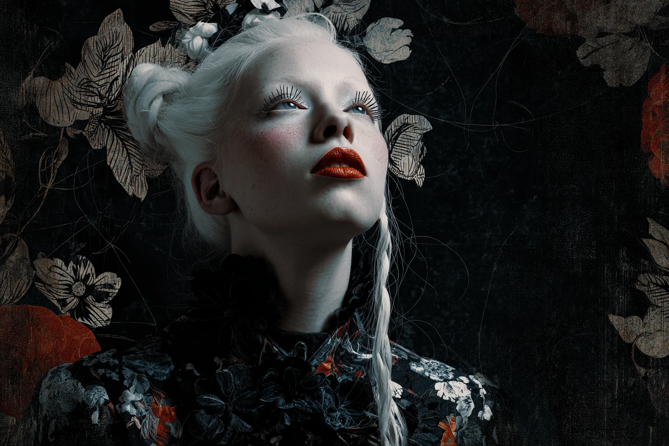 Albino woman in surreal black floral dress with strange pose