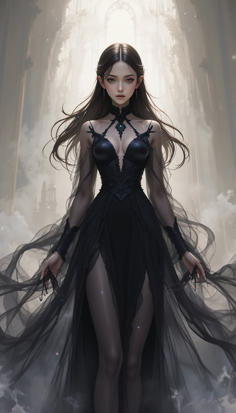 Ethereal anime shadow witch girl in flowing dark robes