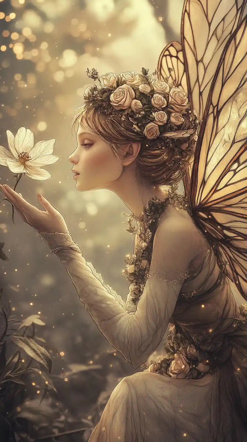 Ethereal fairy in a glowing garden reaching for a flower