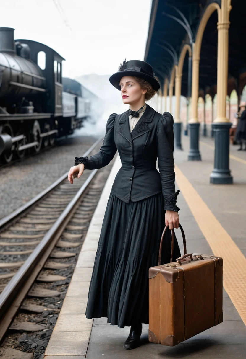 Vintage woman rushing with suitcase at steam train station