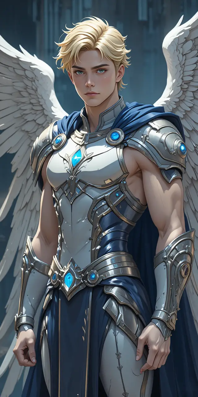 Angel winged warrior in silver divine armor with blue cape