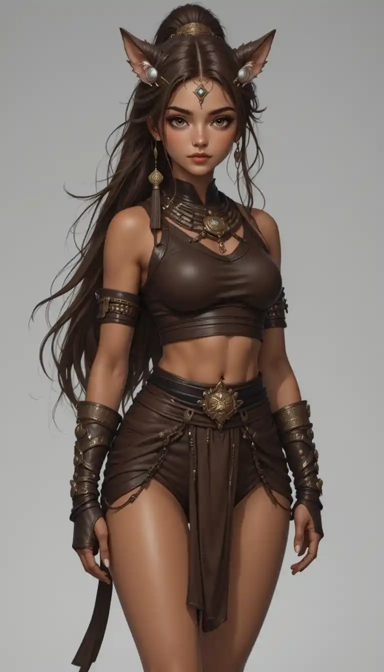 Athletic anime girl with animal ears in fantasy armor