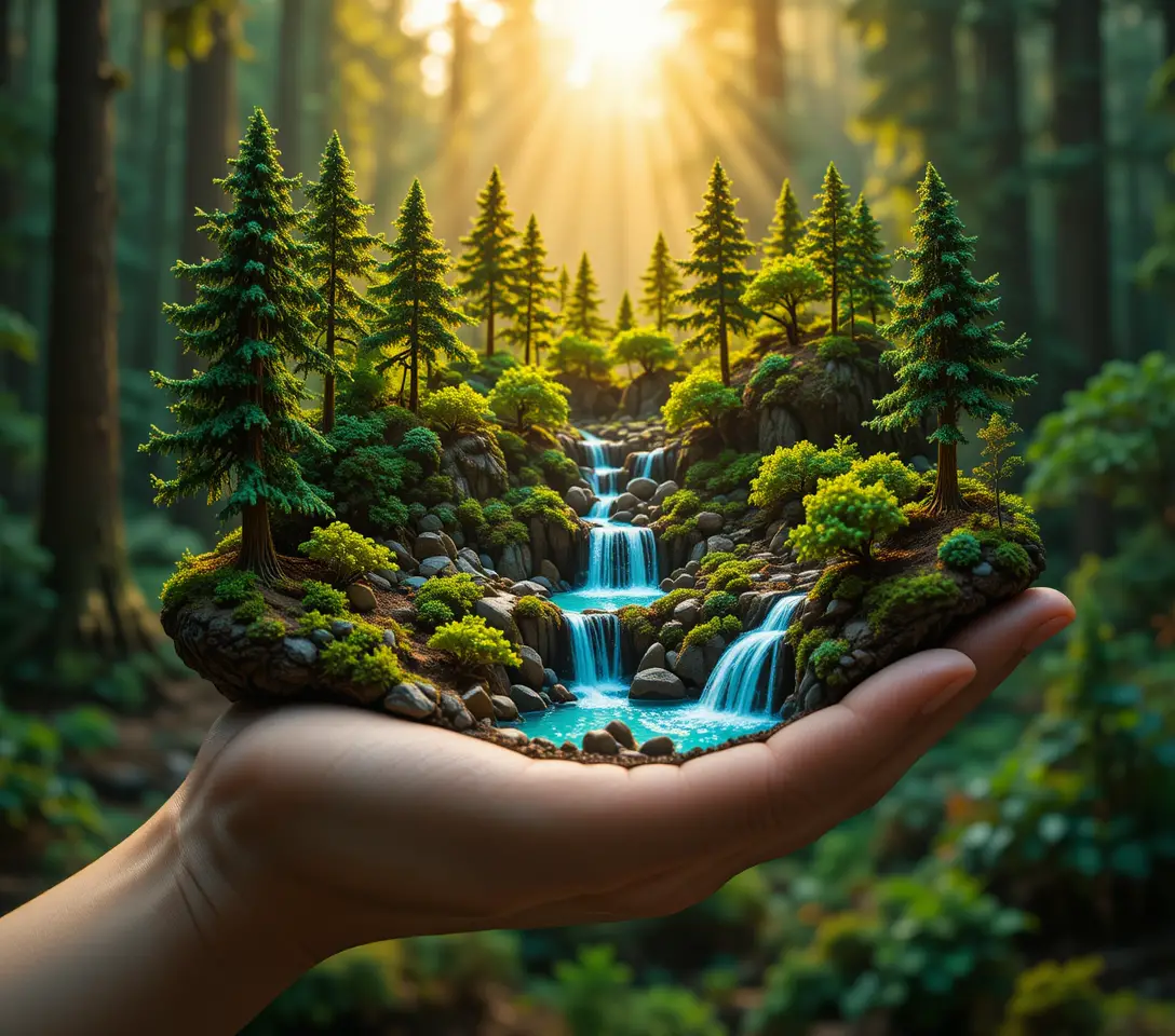Miniature forest diorama with waterfalls held in a hand