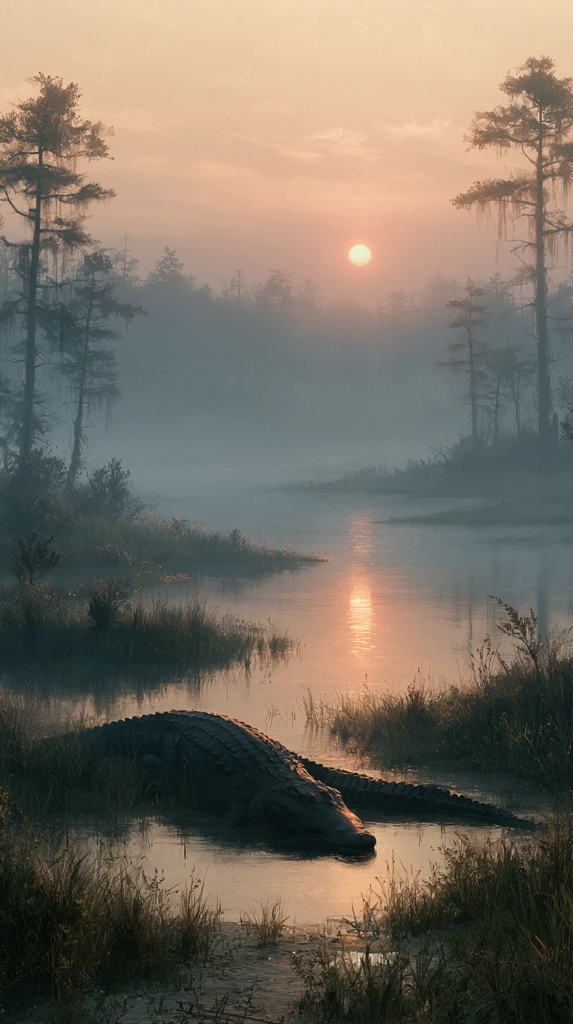 Alligator Lurking In A Swamp At Dusk With Dark Waters