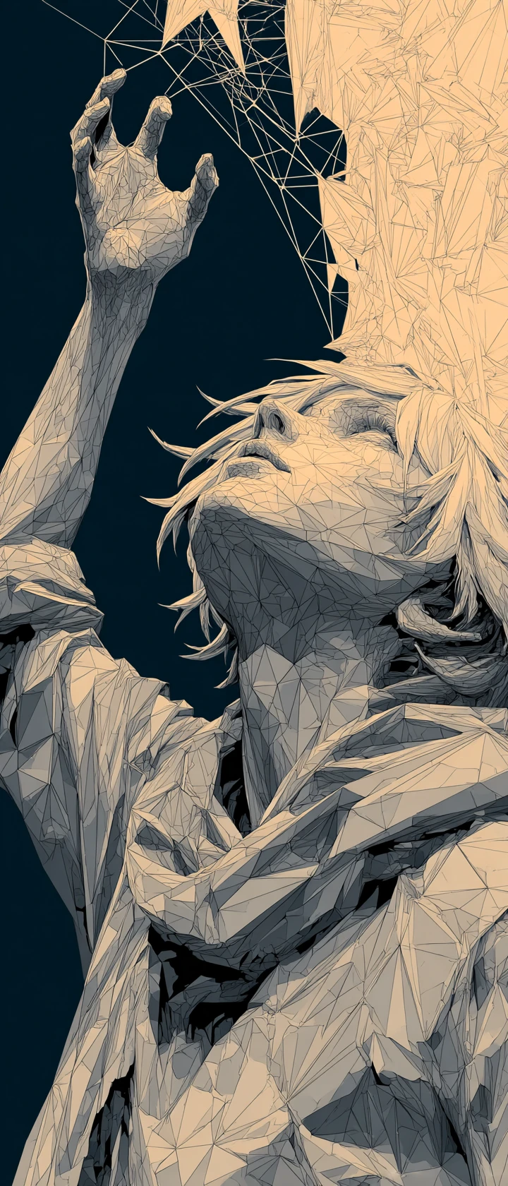Anime girl reaching for shattered metallic bird sculpture