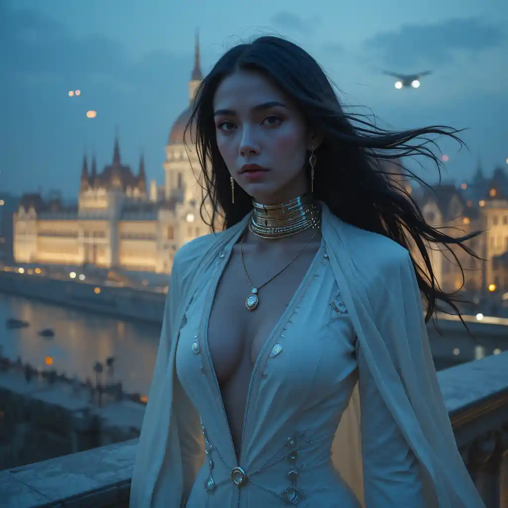 Cinematic sci fi femme fatale portrait at blue hour