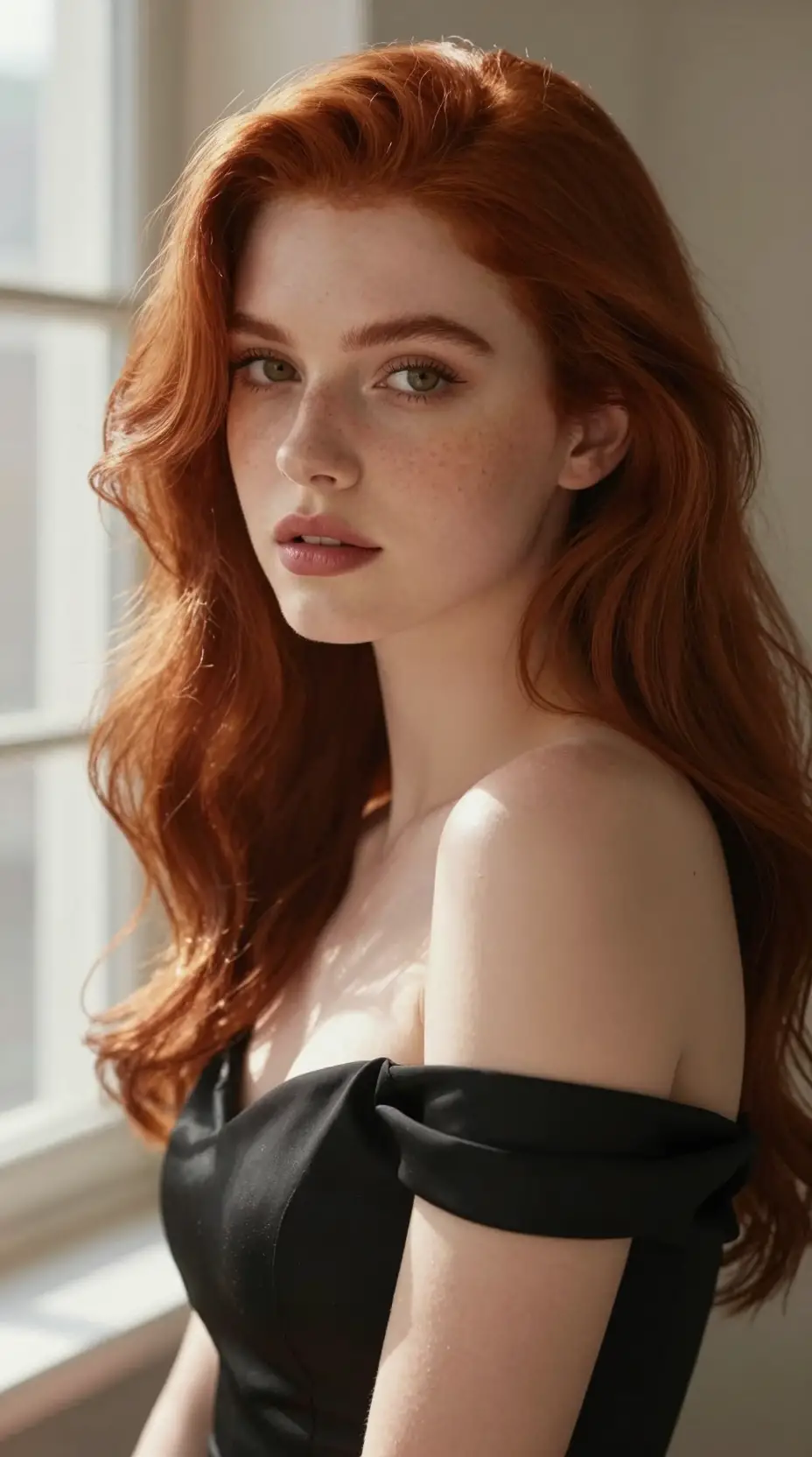 Cinematic portrait of a freckled woman with red wavy hair