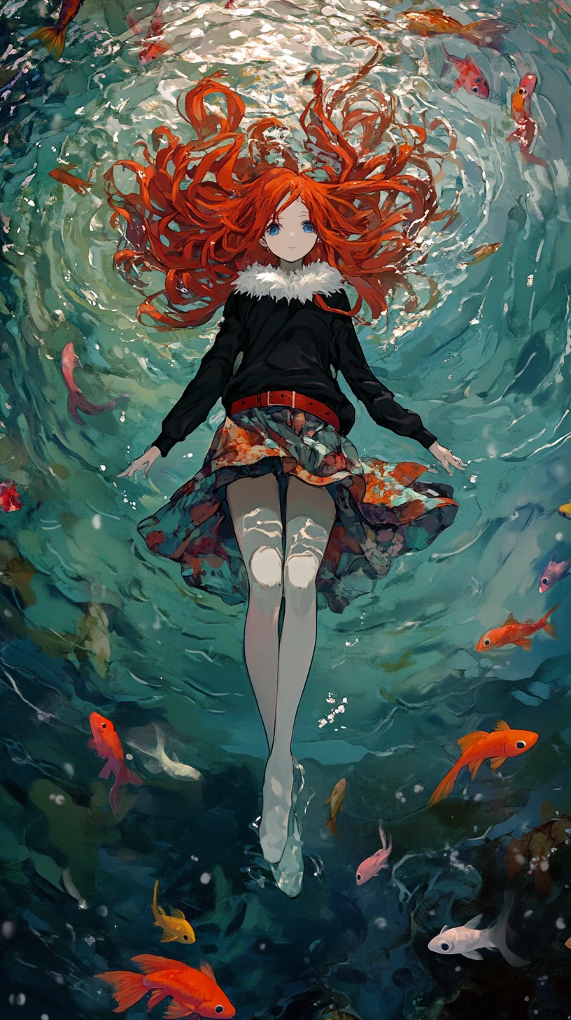 Ragazza anime dai capelli rossi che fluttua sull’acqua increspata