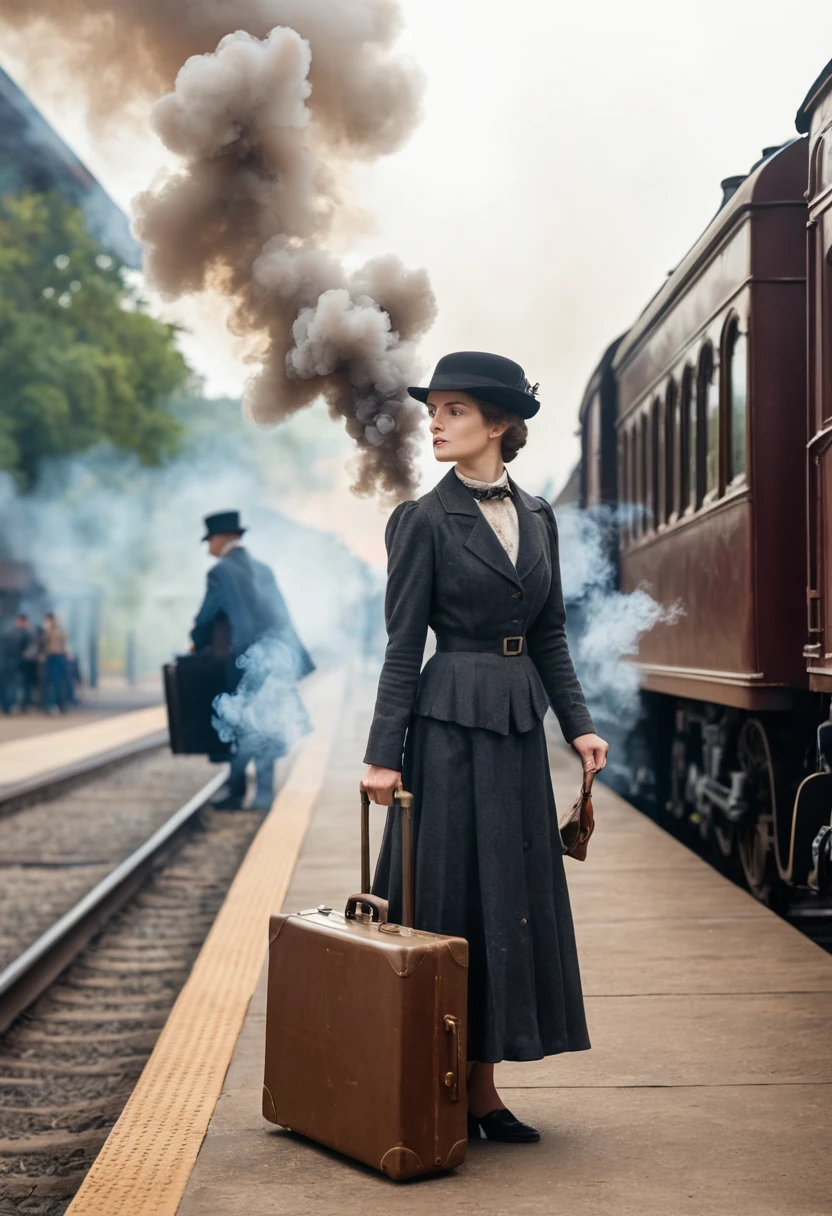 Vintage woman rushing with suitcase at smoky train station