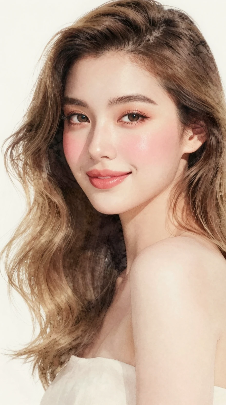 Pastel watercolor close up portrait of a smiling young woman