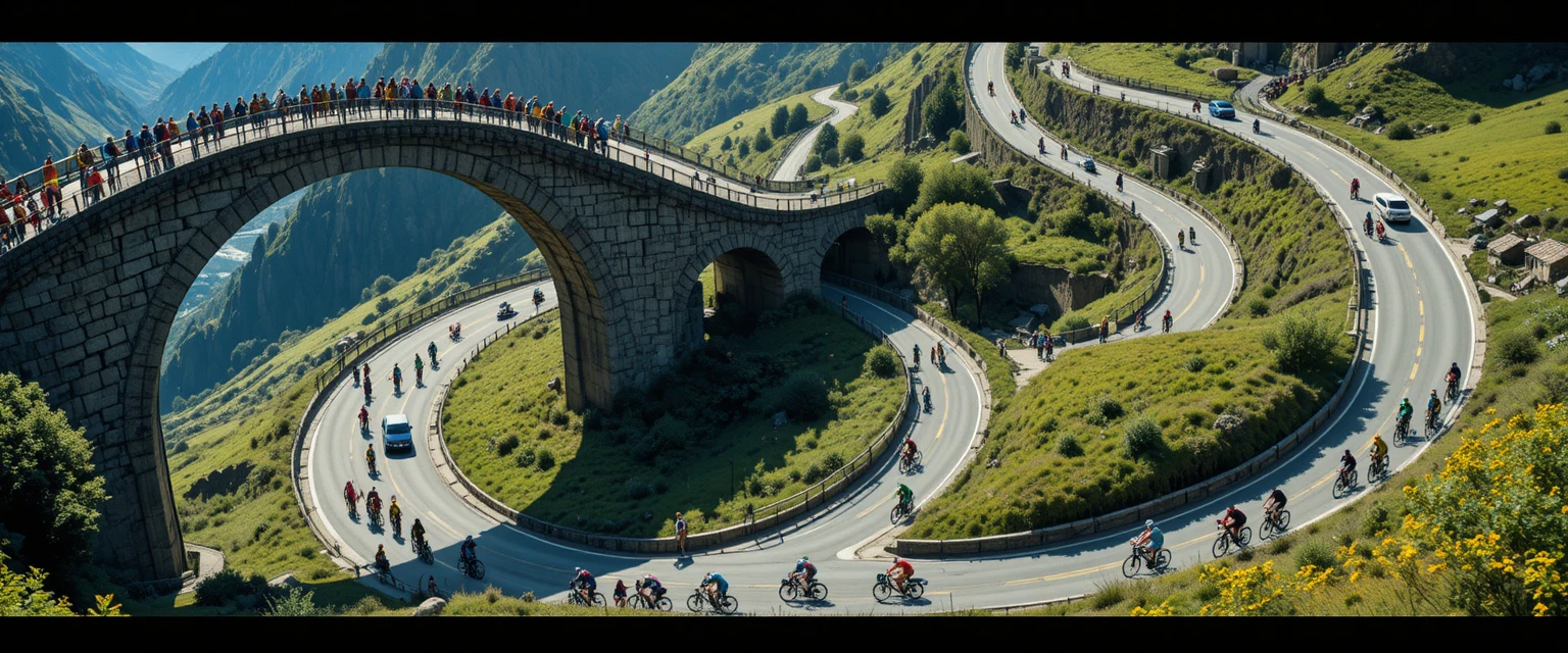 Cyclists winding along a mountain road seen from above