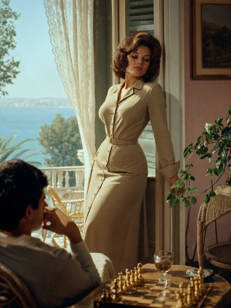 Elegante donna in stile francese nella morbida luce solare cinematografica