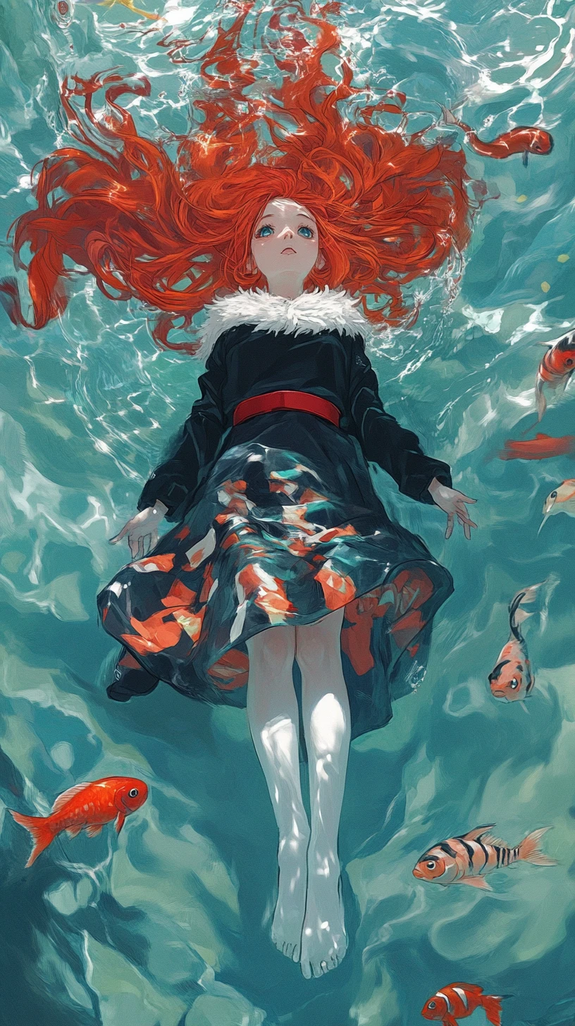Anime girl with red hair floating on calm water