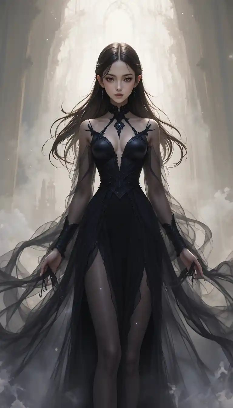 Ethereal anime shadow witch girl in flowing dark robes